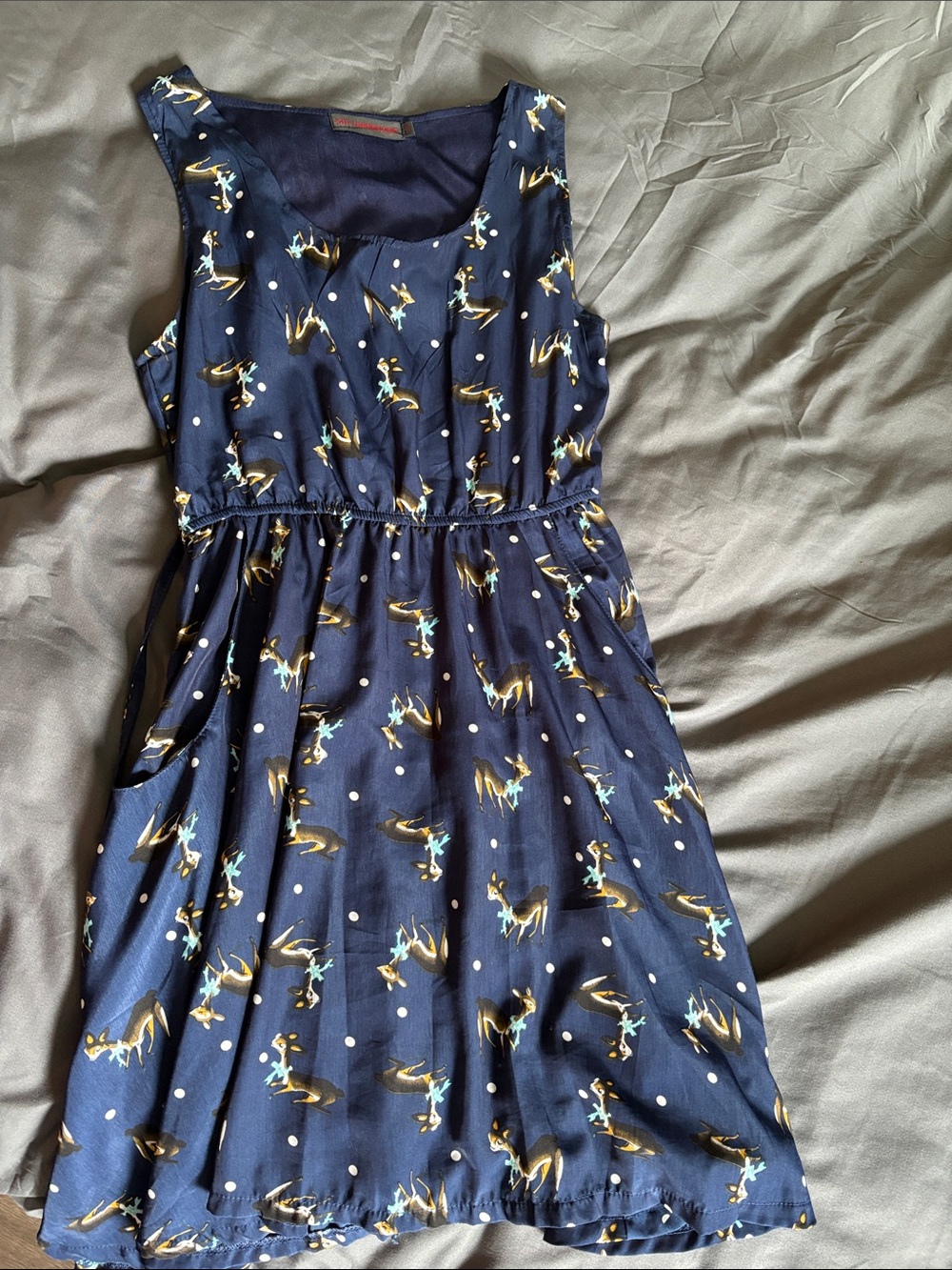 Sleeveless Navy Floral Deer Polka Dot Dress